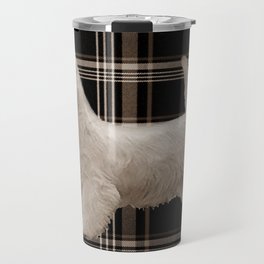 Westie and Stretched Westies on Sepia Plaid  Travel Mug