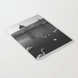 Black and white Hôtel Dieu Lyon | White swans in Rhone river | French cityscape Notebook