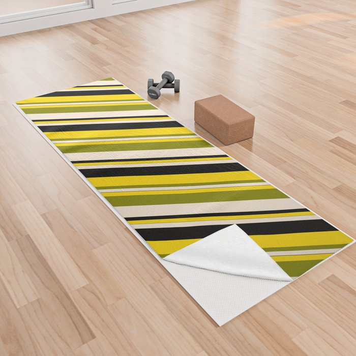 Yellow, Green, Beige, and Black Colored Lines/Stripes Pattern Yoga Towel