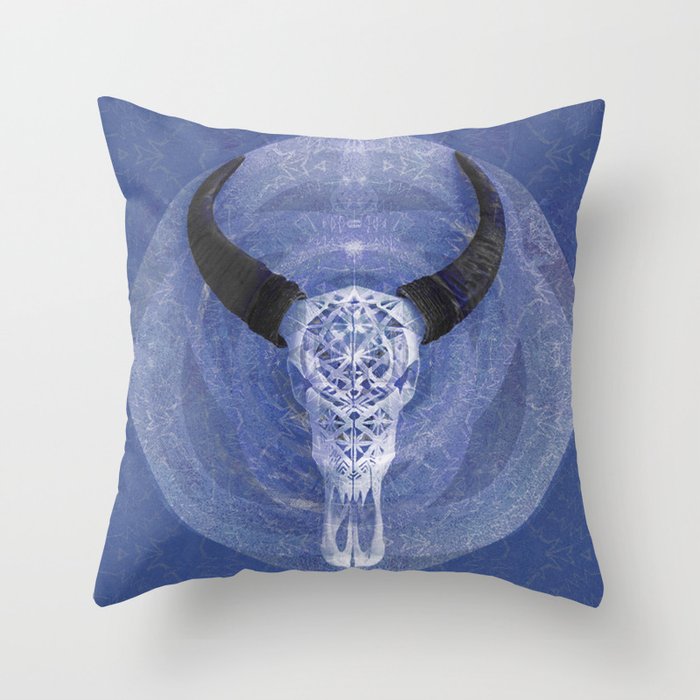 Blue Boho Bull Skull Sacred Geometry Art Print Throw Pillow