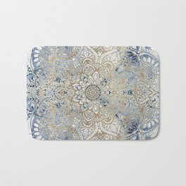 Mandala Flower, Blue and Gold, Floral Prints Bath Mat