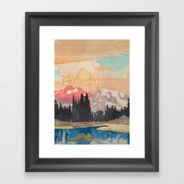 Storms over Keiisino - Winter Mountain & Forest Ukiyoe Nature Landscape in Pink, Blue, and Green Framed Art Print