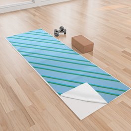 [ Thumbnail: Light Sky Blue, Deep Sky Blue, and Forest Green Colored Striped Pattern Yoga Towel ]