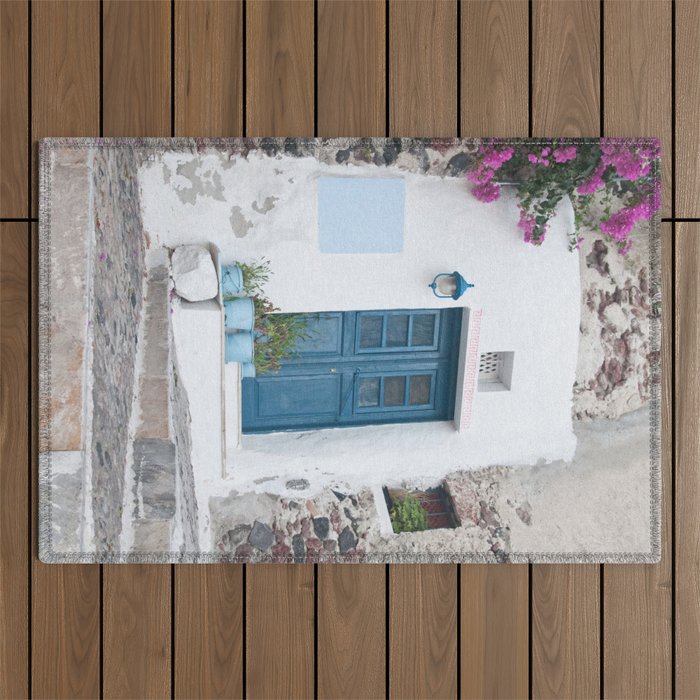 Santorini Oia Blue Door Dream #1 #minimal #wall #decor #art #society6 Outdoor Rug