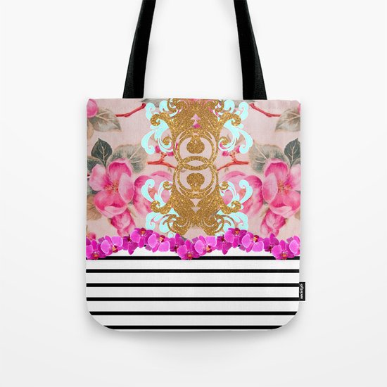 Fashion Girly Pink Vintage Floral Trendy Stripes Pattern Tote Bag