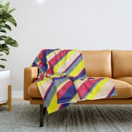 [ Thumbnail: Vibrant Light Slate Gray, Yellow, Bisque, Crimson & Midnight Blue Colored Lines/Stripes Pattern Throw Blanket ]