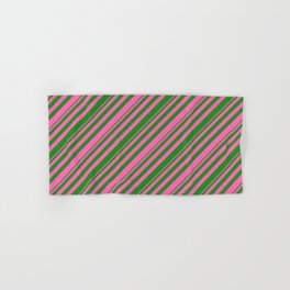 [ Thumbnail: Hot Pink and Forest Green Colored Stripes Pattern Hand & Bath Towel ]