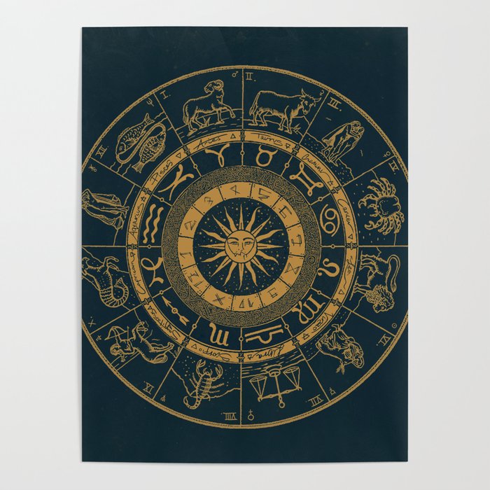 Vintage Zodiac & Astrology Chart | Royal Blue & Gold Poster