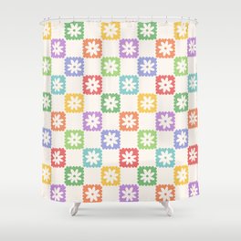 Retro Colorful Wavy Checkerboard Flower Pattern Shower Curtain