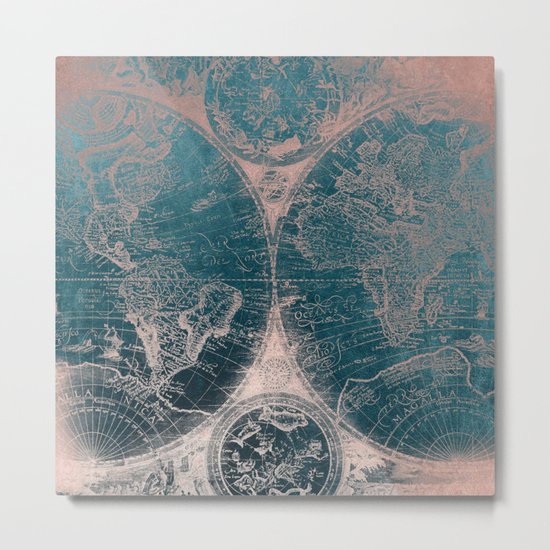 Antique Map Rose Gold Navy Blue Metal Print