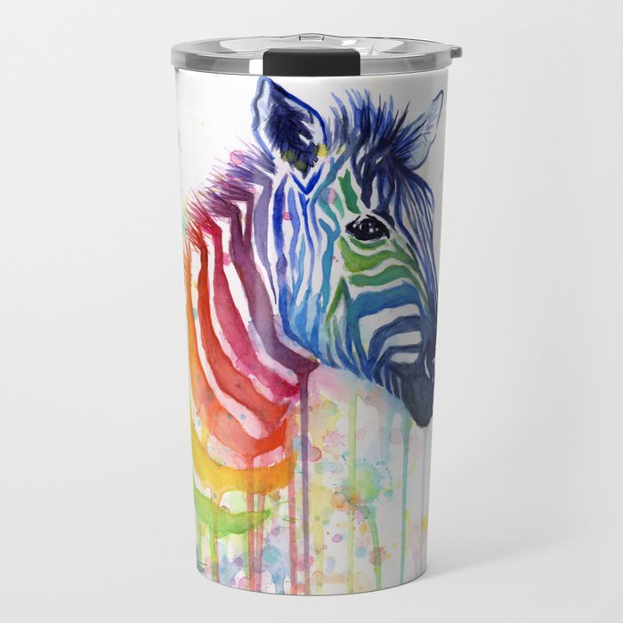 Zebra Rainbow Watercolor Whimsical Animal Travel Mug