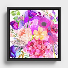 Colorful Bright Spring Floral Watercolor Collage Pillow Framed Canvas