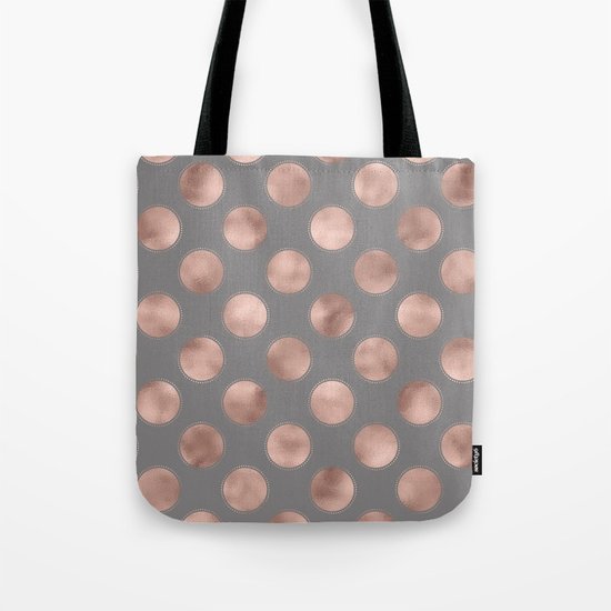 Rosegold pink metal polkadots on grey backround - dots Tote Bag