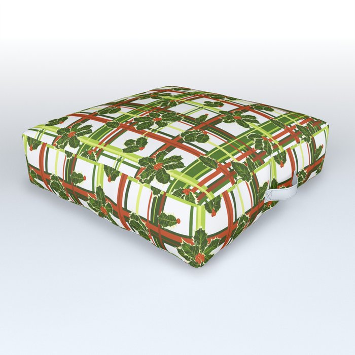 Red and Green Christmas Holly Berries Plaid on White Outdoor Floor Cushion