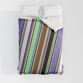 [ Thumbnail: Eyecatching Slate Blue, Brown, Lavender, Black & Green Colored Stripes Pattern Comforter ]