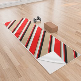 [ Thumbnail: Red, Light Cyan, Tan, and Black Colored Lines/Stripes Pattern Yoga Towel ]