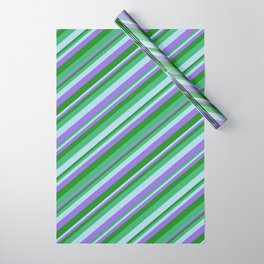 [ Thumbnail: Sea Green, Light Blue, Purple, and Forest Green Colored Lines/Stripes Pattern Wrapping Paper ]