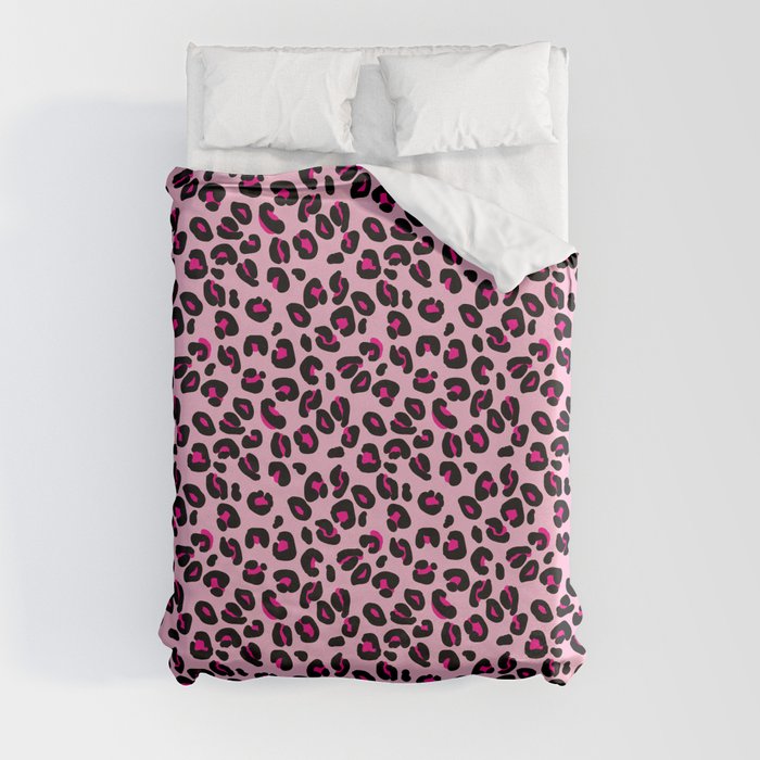 Cotton Candy Pink and Black Leopard Spots Animal Print Pattern Duvet Cover