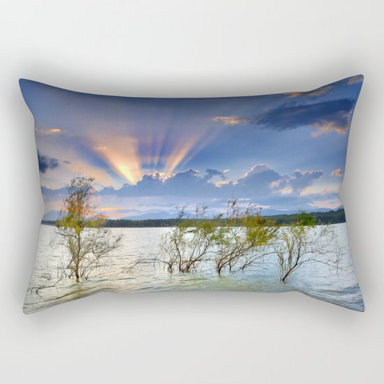 "Sunrays at the lake at sunset" Rectangular Pillow