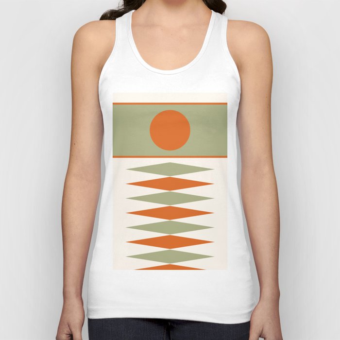 Abstract Geometric Sunrise 14 in Sage Green Orange Tank Top