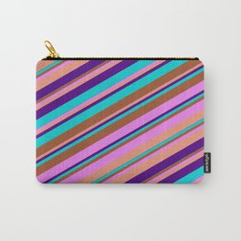[ Thumbnail: Eye-catching Sienna, Violet, Dark Salmon, Indigo, and Dark Turquoise Colored Lined Pattern Carry-All Pouch ]