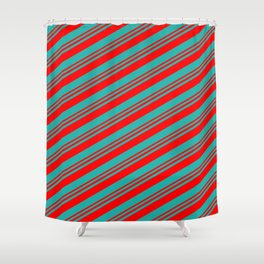 [ Thumbnail: Red and Light Sea Green Colored Stripes/Lines Pattern Shower Curtain ]