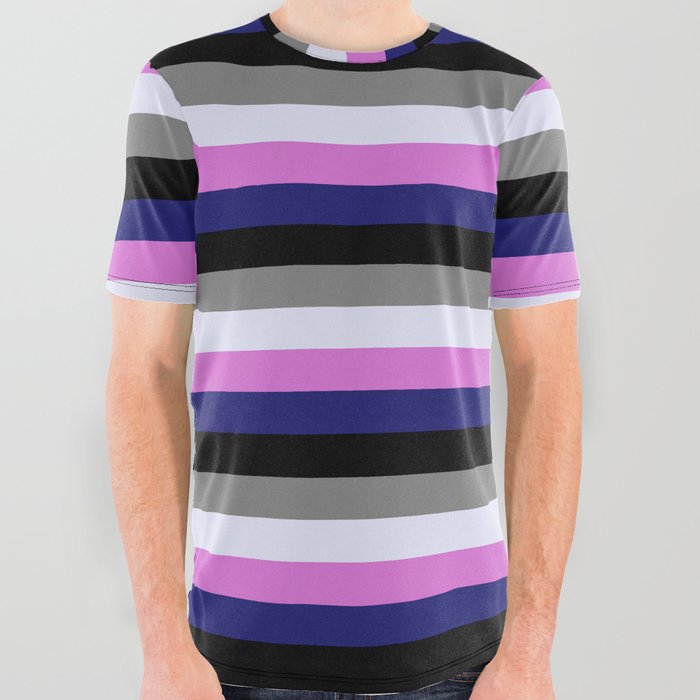Colorful Orchid, Midnight Blue, Black, Grey, and Lavender Colored Pattern of Stripes All Over Graphic Tee
