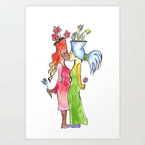 lesbian flower women kiss Art Print