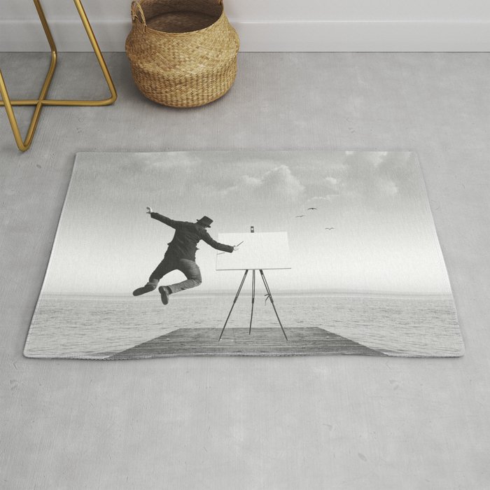 surreal black and white art painter drawing on a canvas Rug