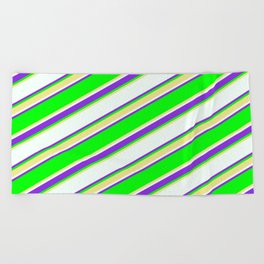 [ Thumbnail: Lime, Tan, Mint Cream & Purple Colored Lined Pattern Beach Towel ]