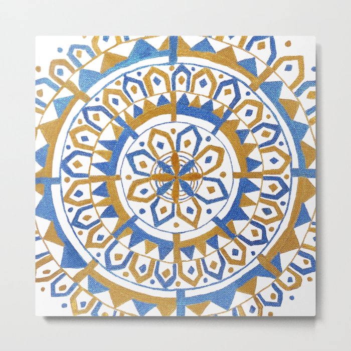 Metallic Blue and Gold Acrylic Painting Mandala Square with White Background Metal Print
