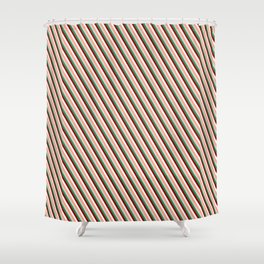 [ Thumbnail: Vibrant Light Salmon, Light Grey, Sea Green, Dark Red, and White Colored Stripes Pattern Shower Curtain ]