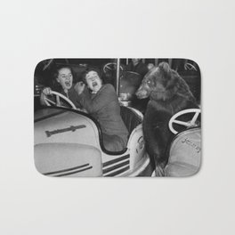 Bear with me; bear riding bumper cars scary women at carnival vintage black and white photograph - photography - photographs wall decor Bath Mat