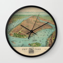 Vintage New York City Panoramic Print - Manhattan, 1879 Wall Clock