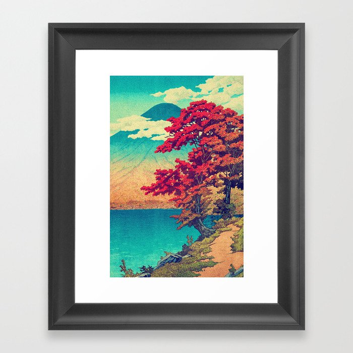 The New Year in Hisseii - Autumn Tree & Mountain by the Ocean Ukiyoe Nature Landscape in Red & Blue Framed Art Print