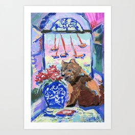 dog portrait in Matisse's style-blue vase-china vase-open window-henri matisse inspired-flowers-boats-interior Art Print