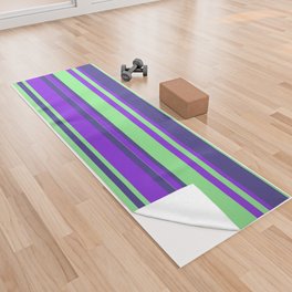 [ Thumbnail: Purple, Light Green & Dark Slate Blue Colored Lines/Stripes Pattern Yoga Towel ]