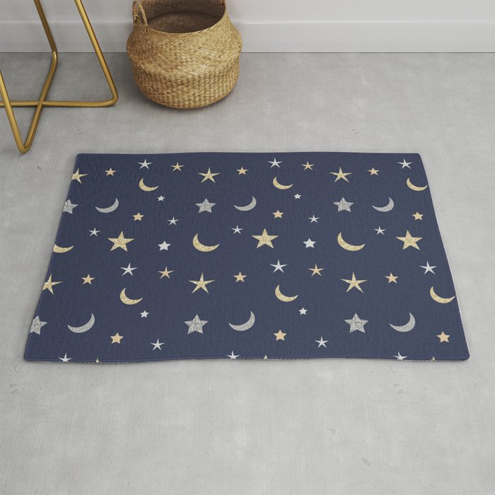 Gold and silver moon and star pattern on navy blue background Rug