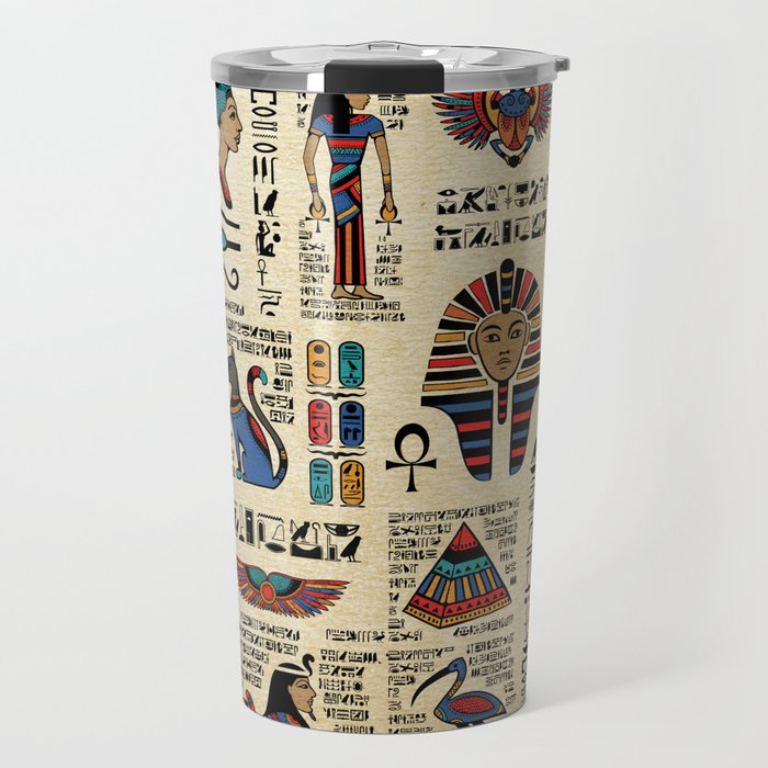 Egyptian hieroglyphs and deities on papyrus Travel Mug