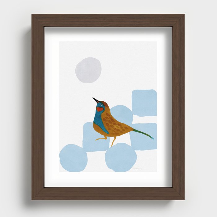 Hopping Bird - Brown and Blue and Grey Recessed Framed Print