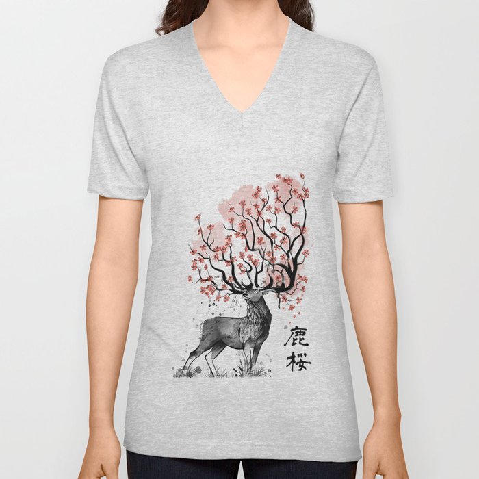 Sakura Deer V Neck T Shirt