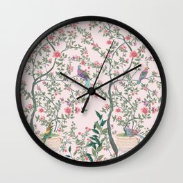 Chinoiserie Blush Pink Fresco Floral Garden Birds Oriental Botanical Wall Clock | Peacock, Chinoiserie, Painting, Nature, Style, Design, Whimsical, Oriental, Asian, Floral 