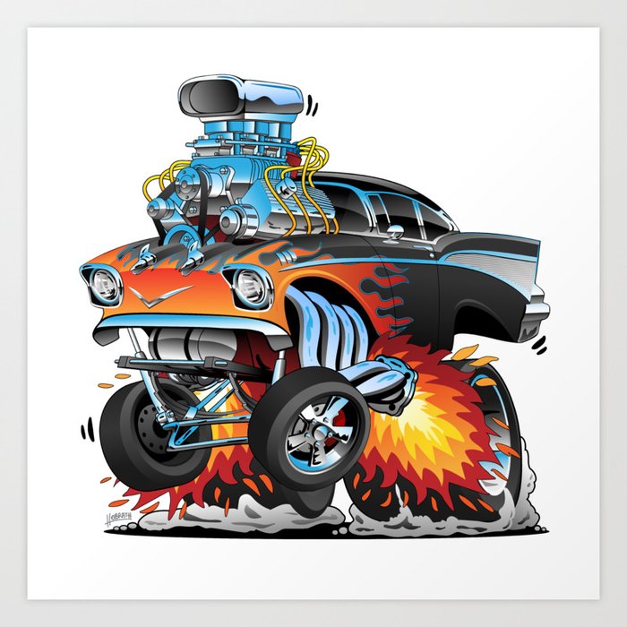 Classic Hotrod 57 Gasser Drag Racing Muscle Car Cartoon Art Print