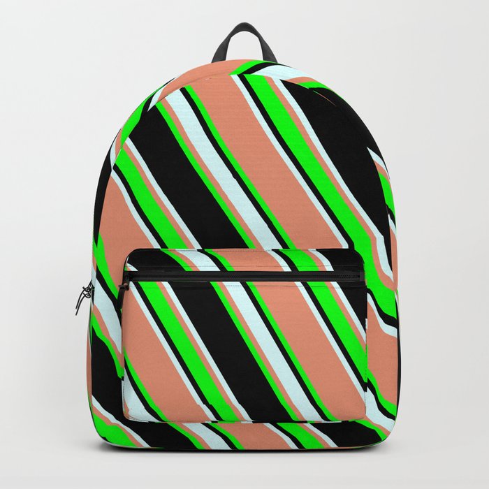 Dark Salmon, Lime, Black & Light Cyan Colored Lines/Stripes Pattern Backpack