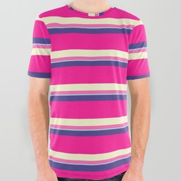 [ Thumbnail: Colorful Dark Slate Blue, Deep Pink, Light Yellow, Hot Pink & Light Blue Colored Lined Pattern All Over Graphic Tee ]
