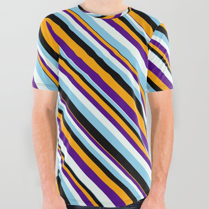 Eye-catching Orange, Indigo, Mint Cream, Sky Blue, and Black Colored Stripes Pattern All Over Graphic Tee