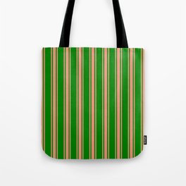 [ Thumbnail: Green and Dark Salmon Colored Lines/Stripes Pattern Tote Bag ]
