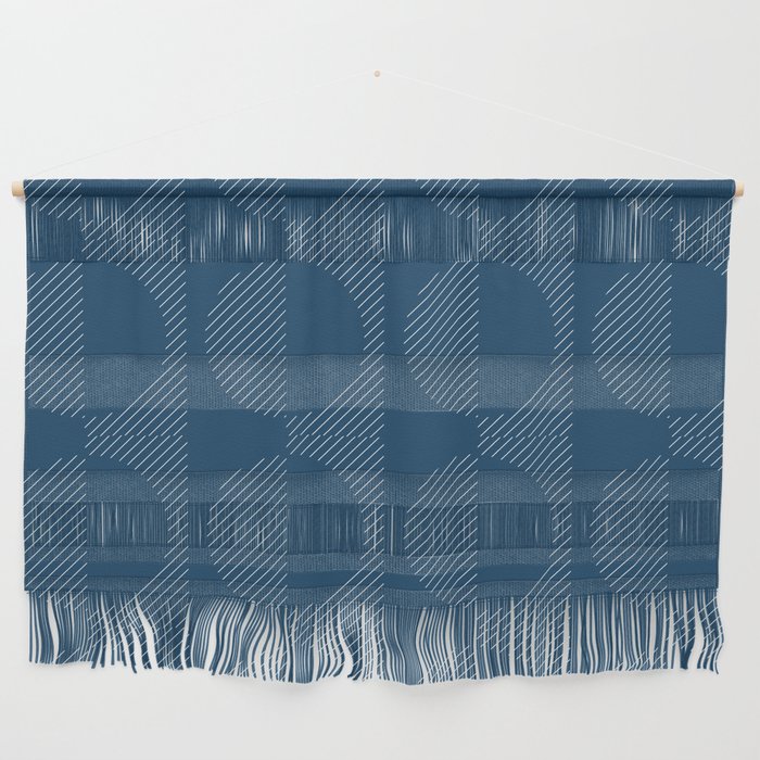 Stripes Circles Squares Mid-Century Checkerboard Blue White Wall Hanging