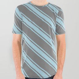 [ Thumbnail: Grey & Light Blue Colored Stripes Pattern All Over Graphic Tee ]