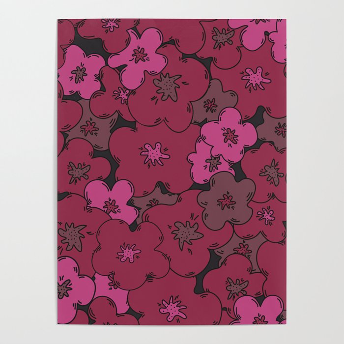 Maroon red and fuchsia pink abstract floral pattern Poster